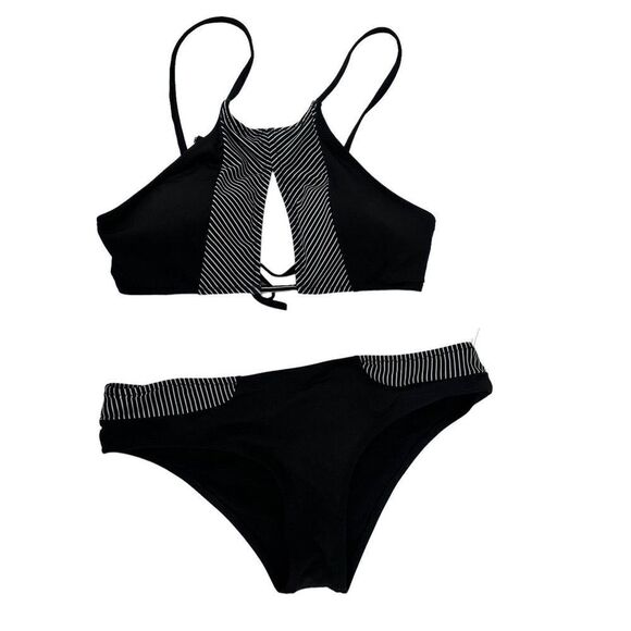 High Neck Bikini Set Black Keyhole Womens Large Swimwear Stripe Detail C Apparel - Picture 1 of 10